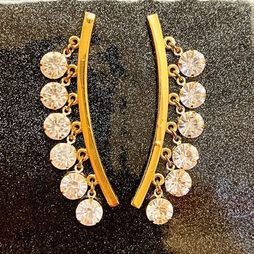 Very Unique Clear Rhinestone Earrings Dangle Drop Pierced Gold Tone NICE 4126